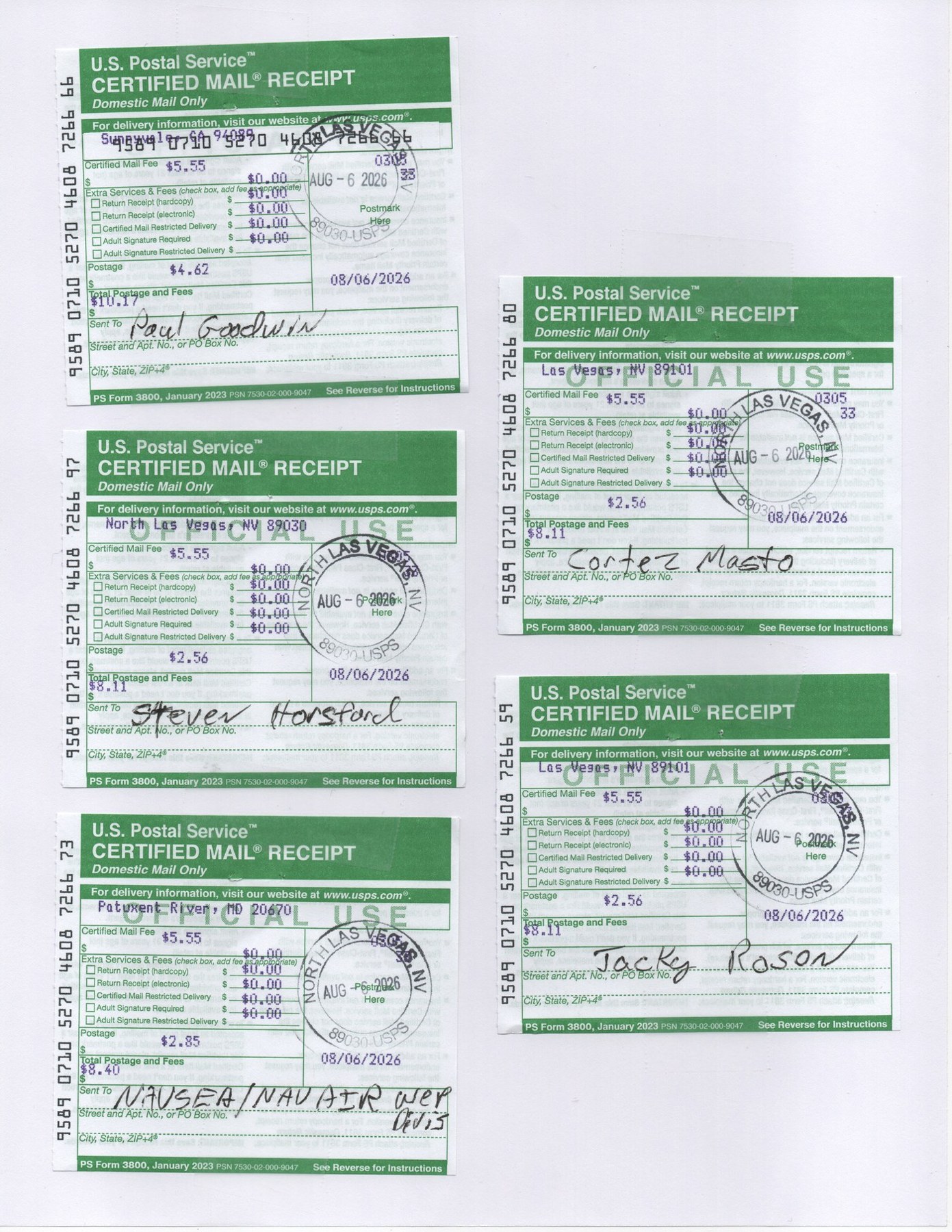 The certified mail receipts, postmarked August 6, 2026. Steele published them himself and invites anyone to call the offices and confirm.
